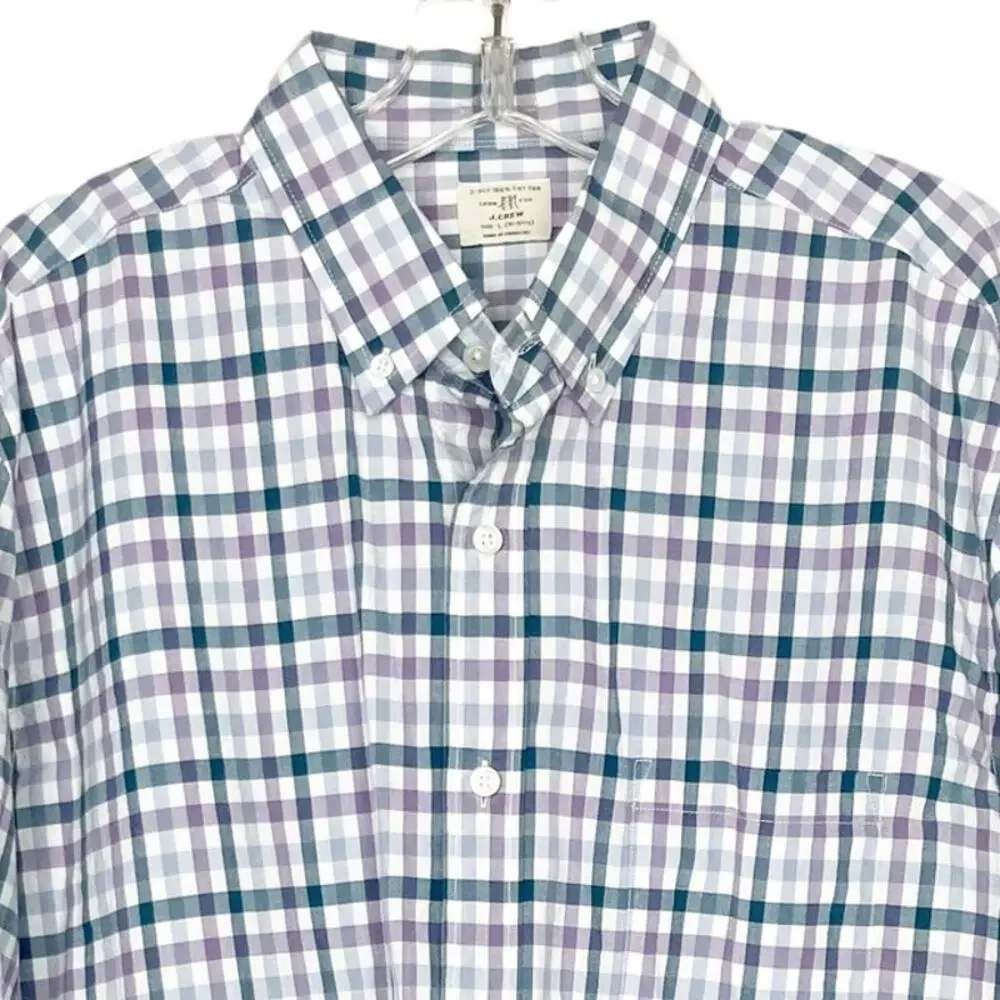J. Crew White Purple Gray Plaid Long Sleeve Button Down Sz L